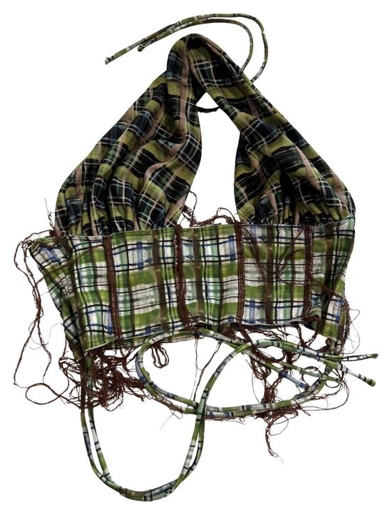 Danielle Guizio Tops - Danielle Guizio Plaid Cut-Out Ditreed Halterneck Top in Green